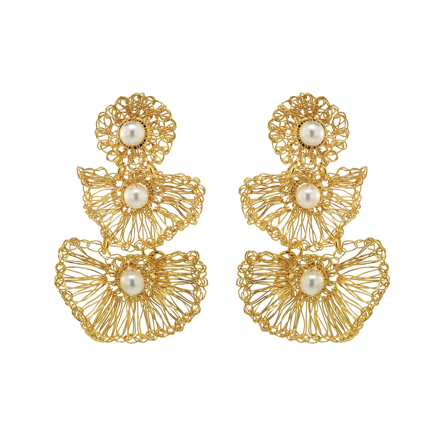 Pearl & Gold Shells Trio Handmade Crochet Earrings