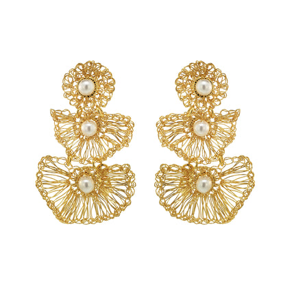 Pearl & Gold Shells Trio Handmade Crochet Earrings