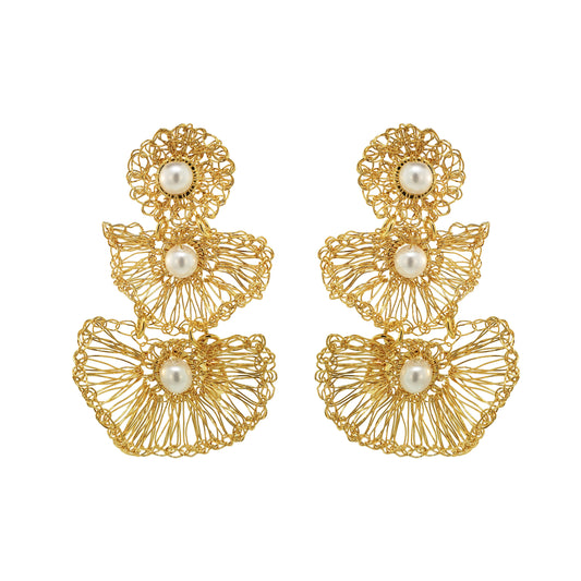 Pearl & Gold Shells Trio Handmade Crochet Earrings