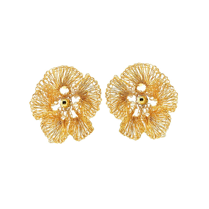 Handmade in Brazil, these floral hand crocheted earrings feature 18 karat gold filled wire, lightweight comfort, and hypoallergenic nickel free materials. 8202-001-000