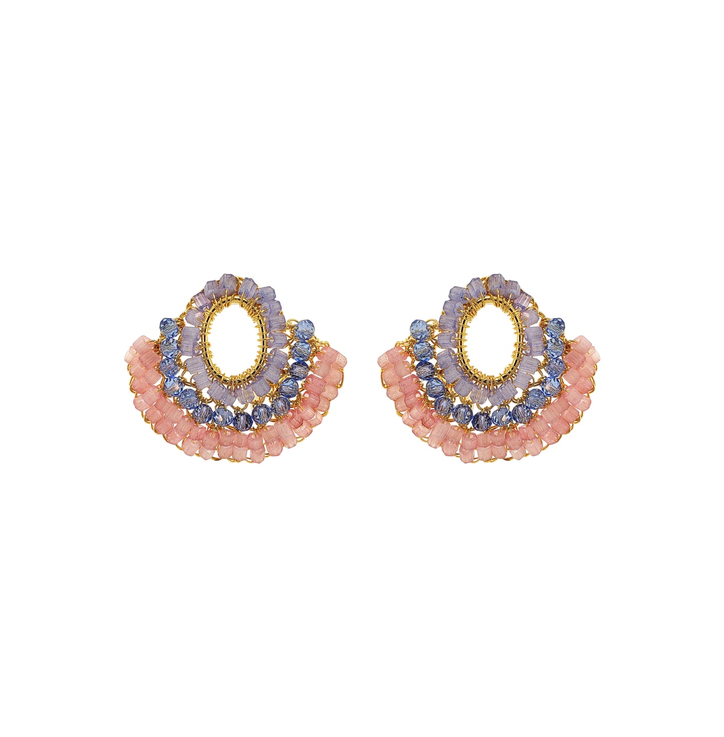 Pair of beaded earrings with pink and blue beads on a white background