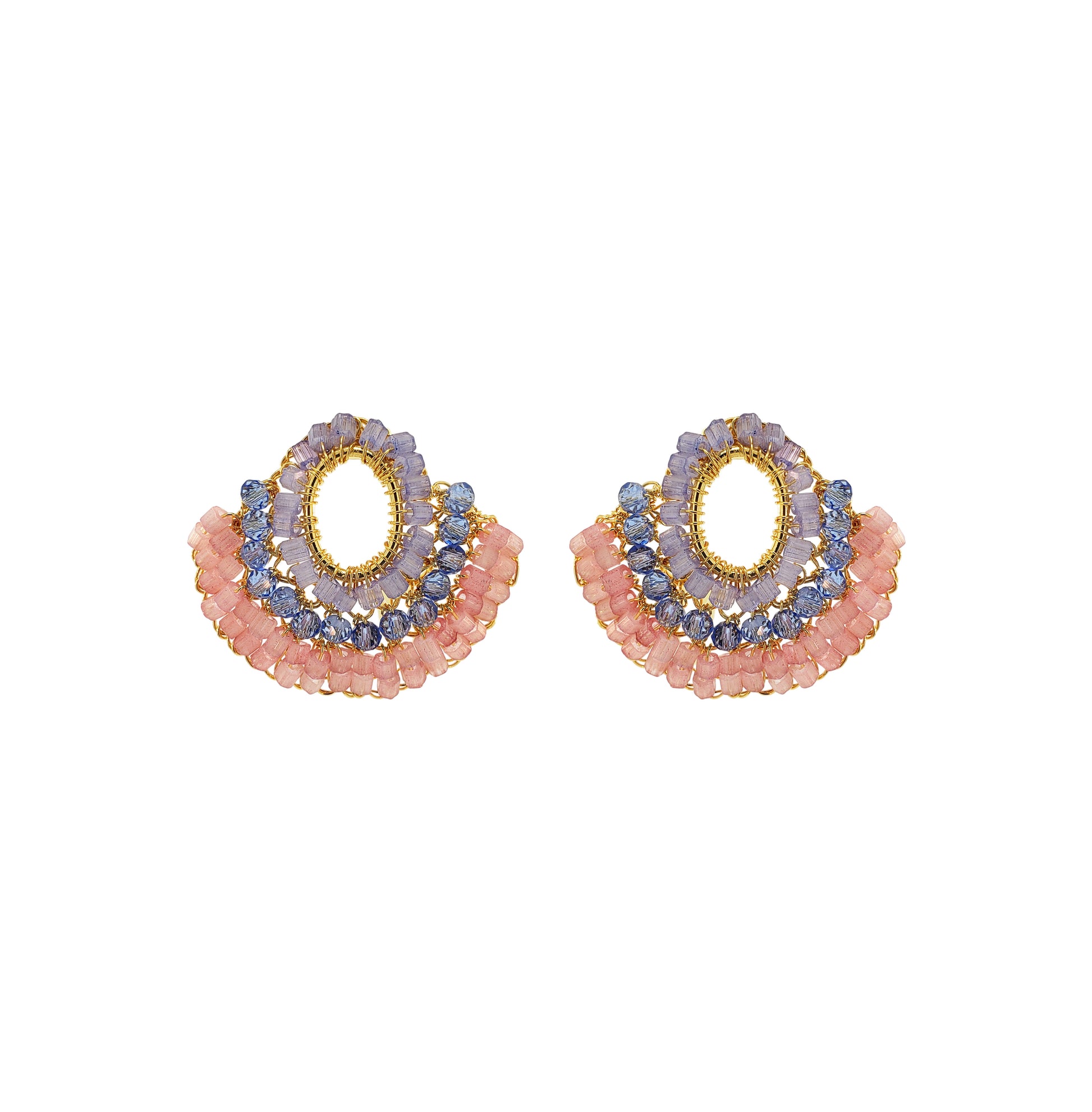 Pair of beaded earrings with pink and blue beads on a white background
