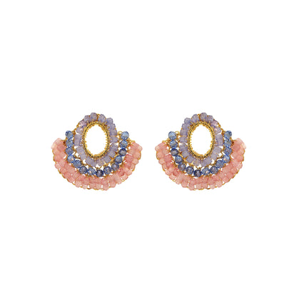 Pair of beaded earrings with pink and blue beads on a white background