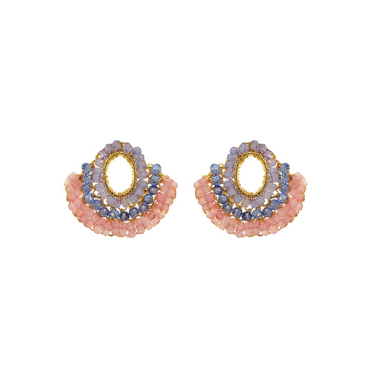 Pair of beaded earrings with pink and blue beads on a white background