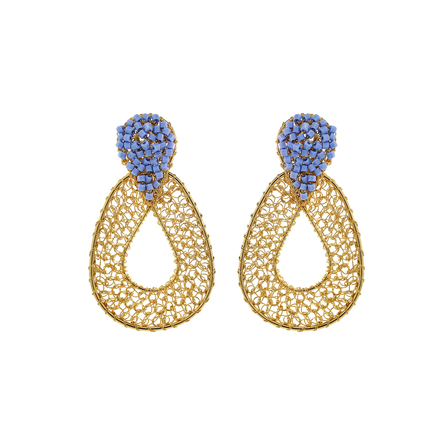 Sky Blue & Gold Petal Handmade Crochet Earrings
