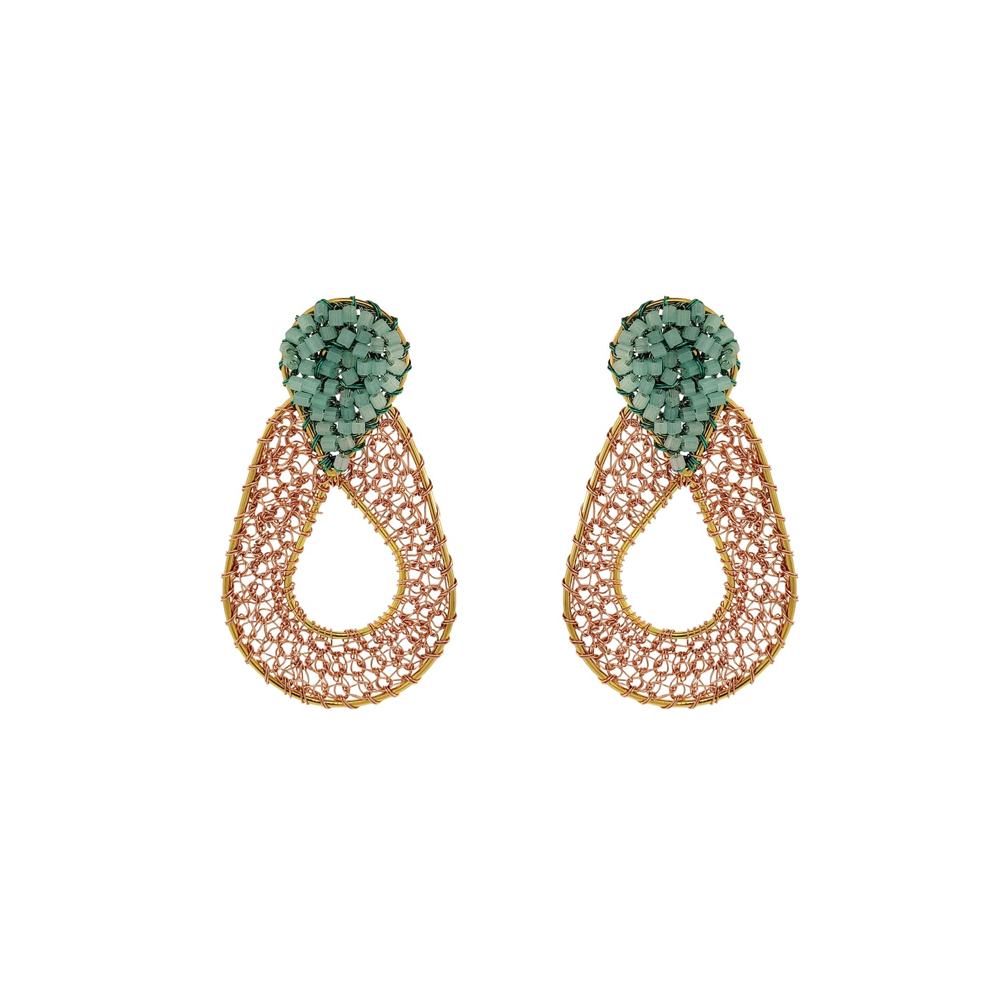 Teardrop-Duo-Green Mint Peach Orange-Gold-Petal-Handmade-Crochet-Earrings-18k-gold-filled-wire-hypoallergenic-lightweight-statement-brazilian-soul-collection