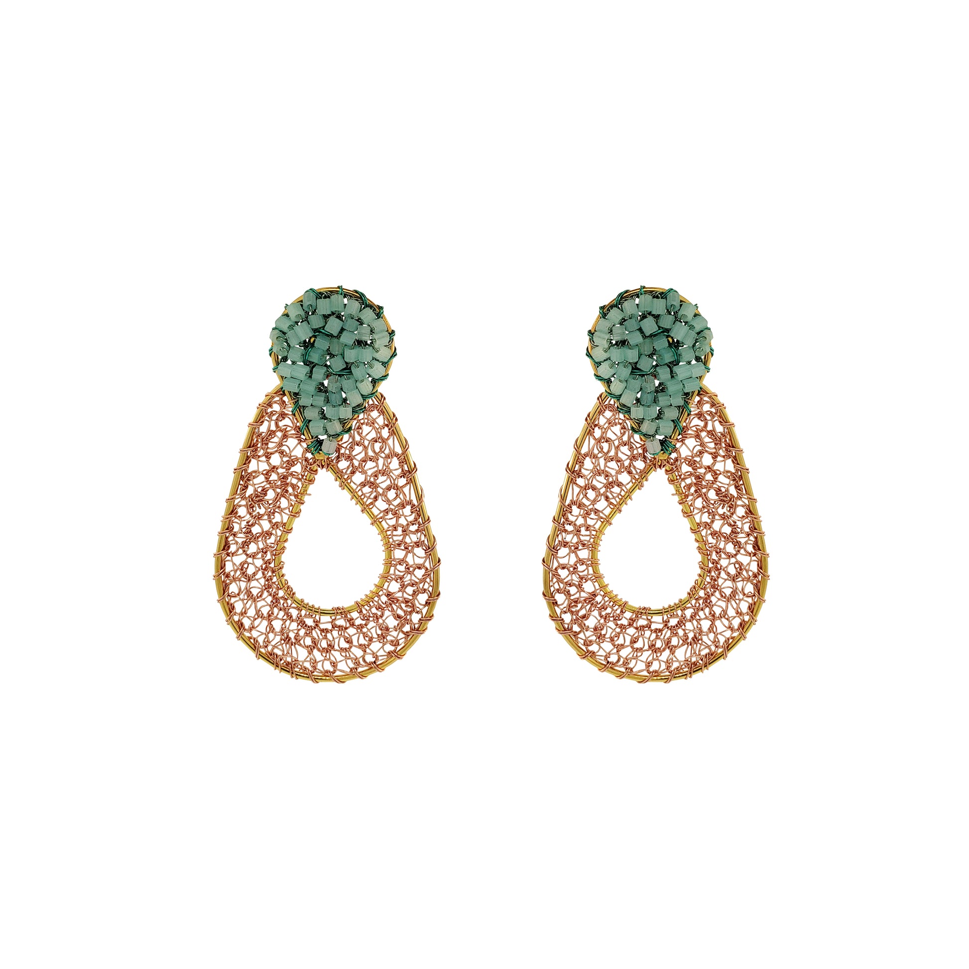 Teardrop-Duo-Green Mint Peach Orange-Gold-Petal-Handmade-Crochet-Earrings-18k-gold-filled-wire-hypoallergenic-lightweight-statement-brazilian-soul-collection