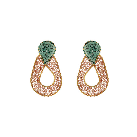 Teardrop-Duo-Green Mint Peach Orange-Gold-Petal-Handmade-Crochet-Earrings-18k-gold-filled-wire-hypoallergenic-lightweight-statement-brazilian-soul-collection