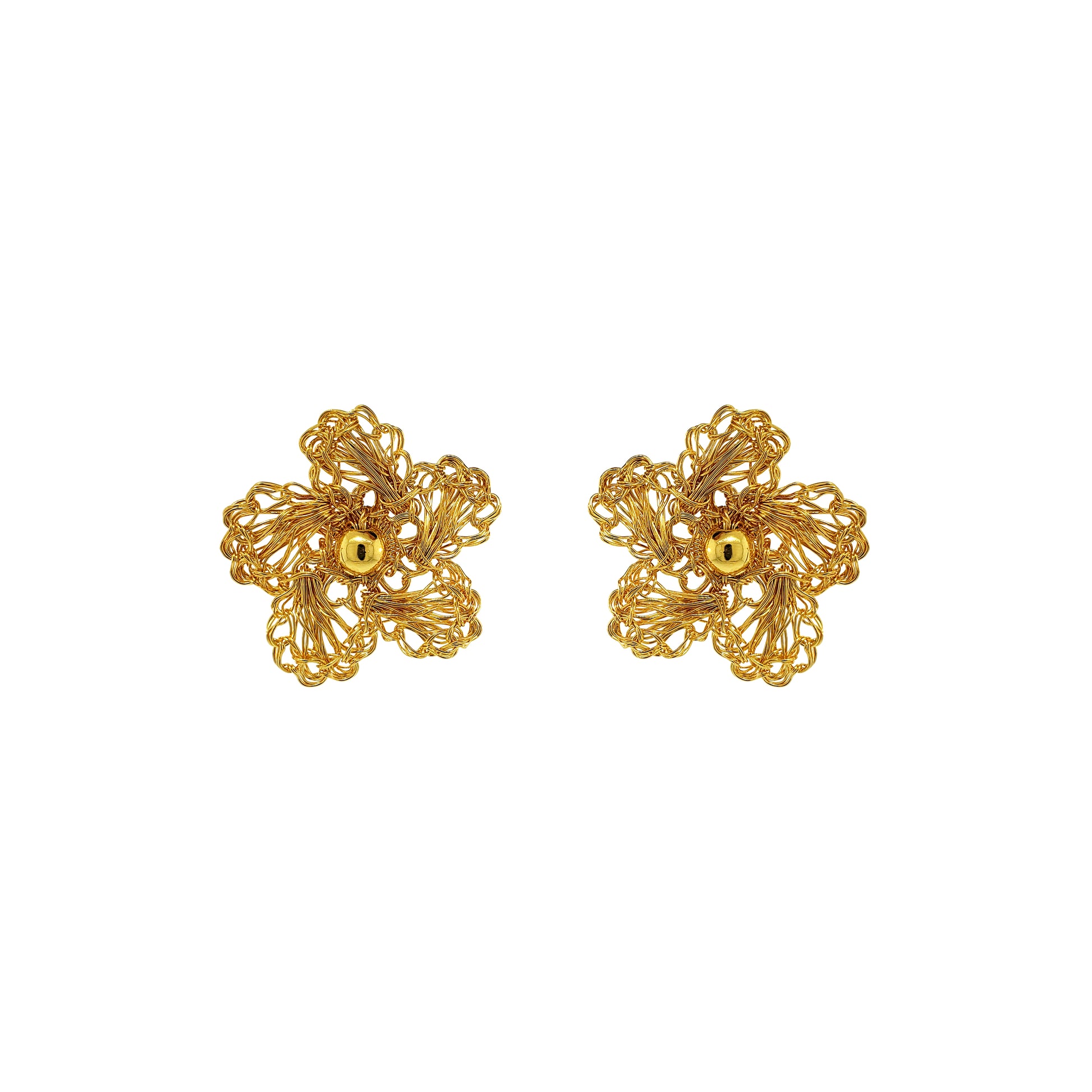 All Gold Daisy Handmade Post Earrings handmade-crochet-flower post-with-unique-design-18k-gold-filled-wire-hypoallergenic-lightweight-statement