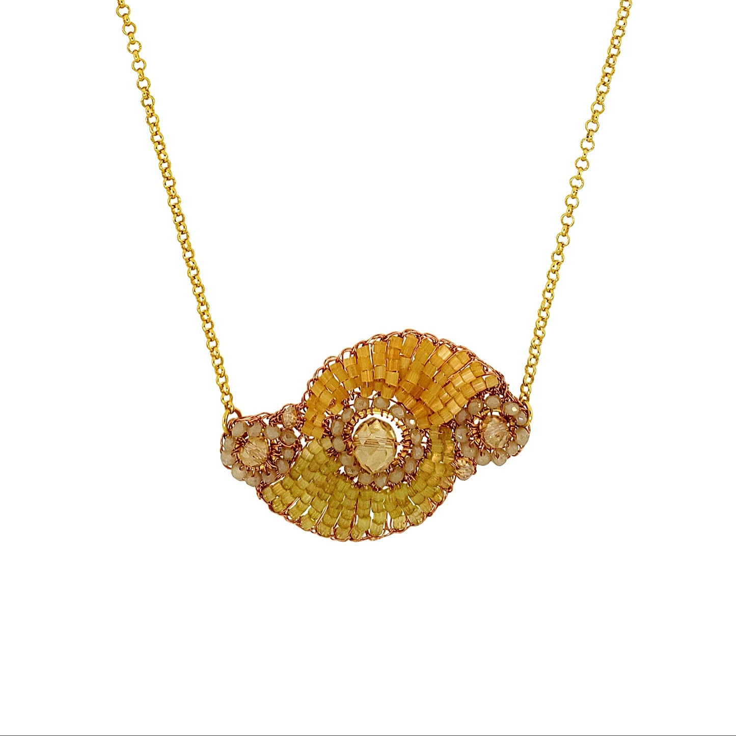 Gold necklace with a floral pendant on a white background