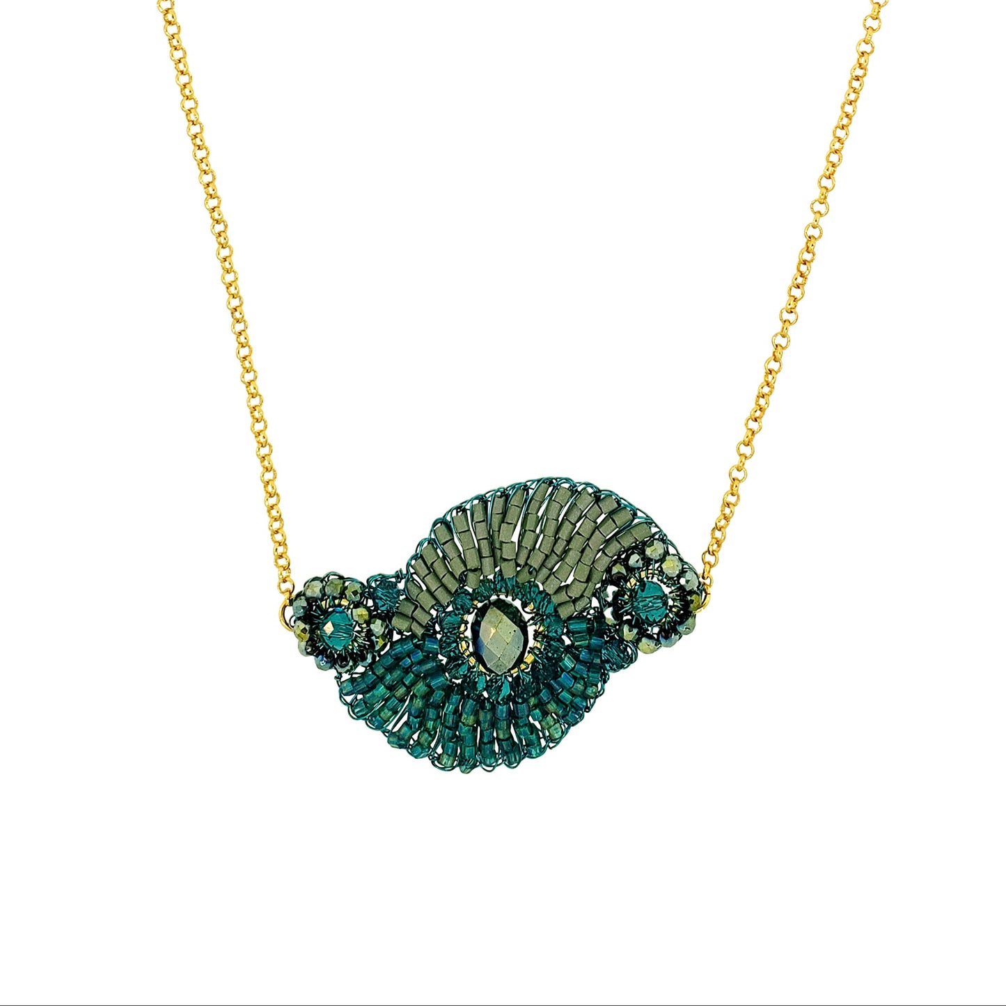 Gold necklace with a green and gold pendant on a white background