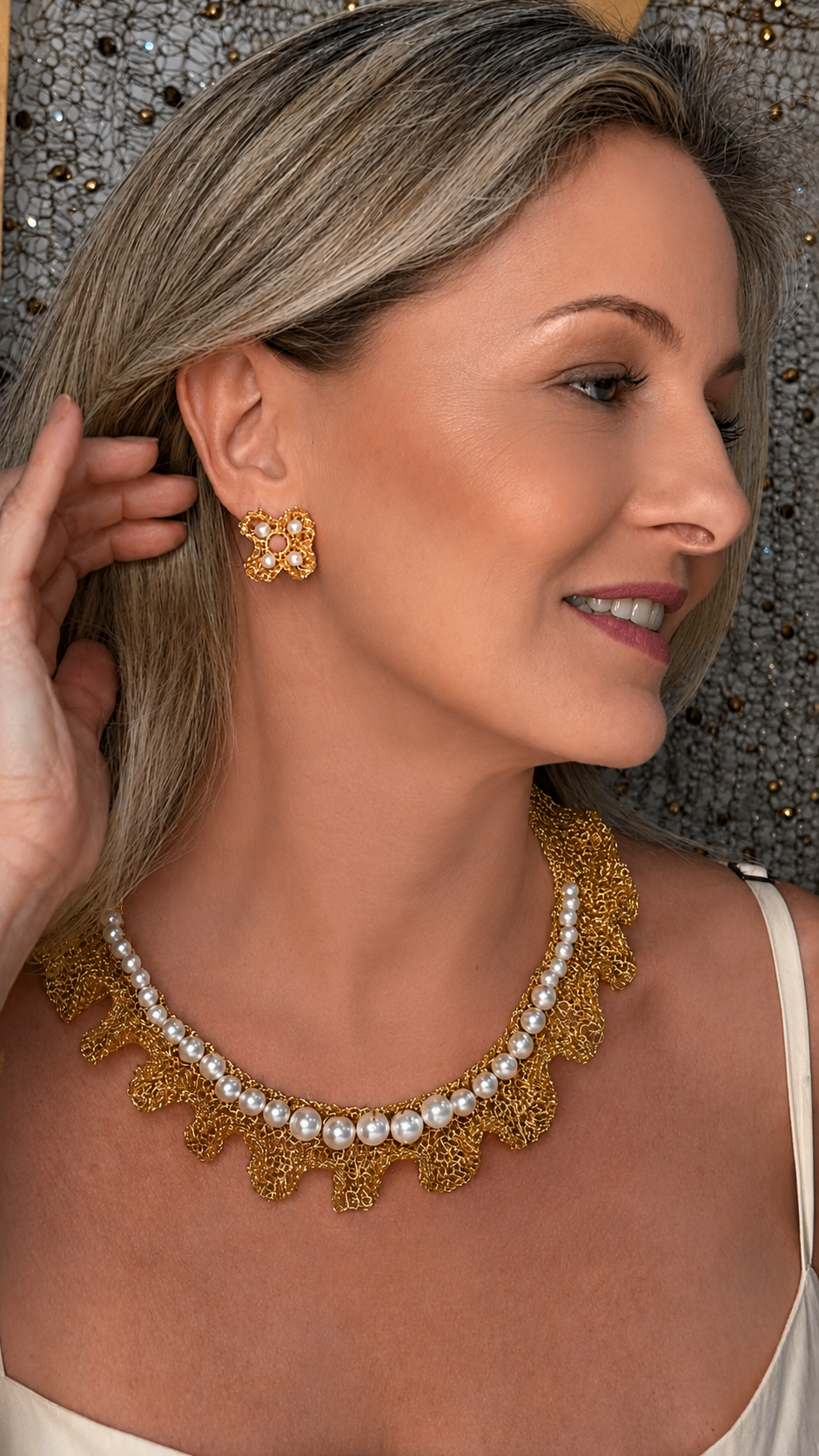 Pearl & Gold Nalu Mini Post Handmade Crochet Earrings