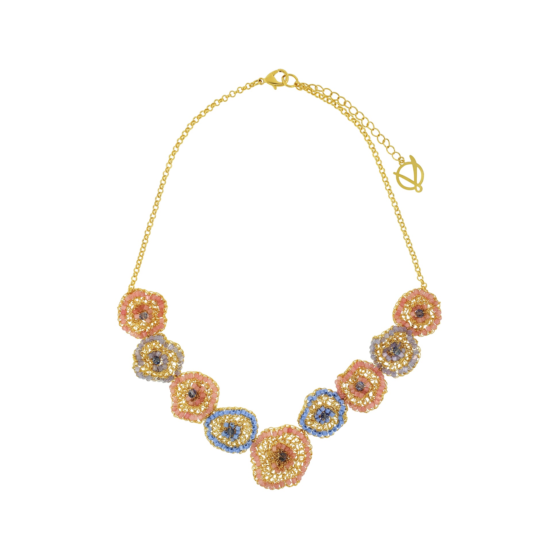 Soft Pink & Blue Mix Jasmine Handmade Crochet Necklace with-unique-design-18k-gold-filled-wire-hypoallergenic-lightweight-statement- necklace - organic - floral