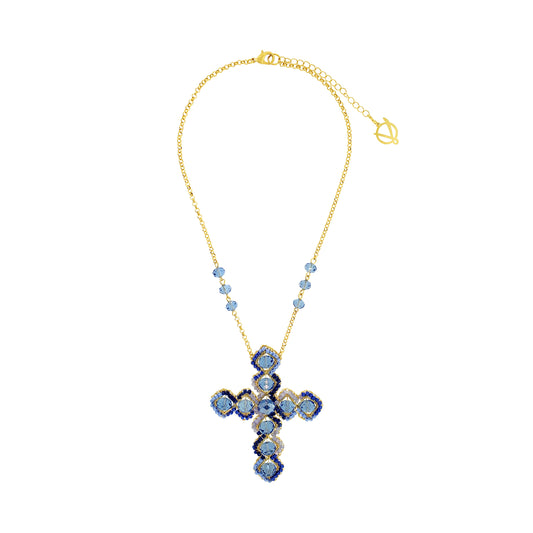Sky-Blue-Gold-Royale-necklace-Handmade-Crochet-Cross-pendant-handmade-crochet-necklace-with-unique-design-18k-gold-filled-wire-hypoallergenic-lightweight-statement-