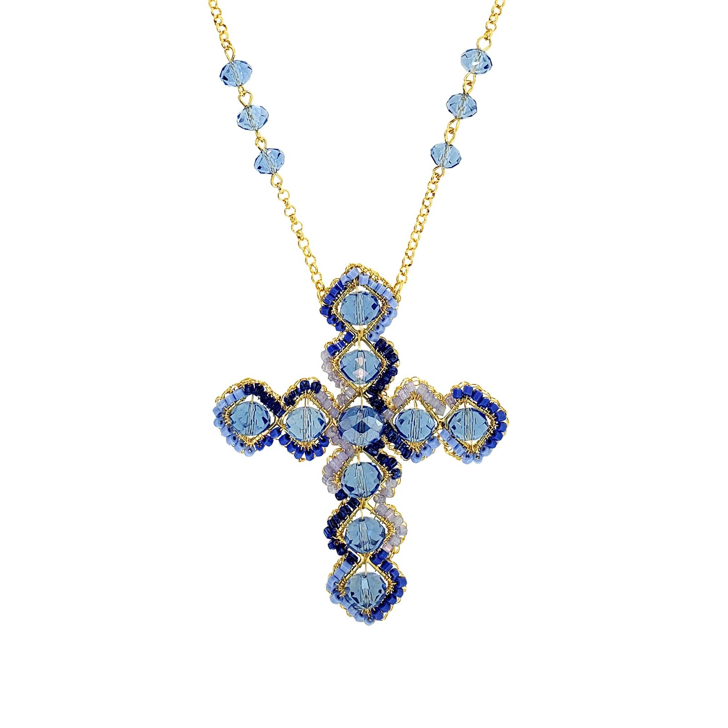 Sky-Blue-Gold-Royale-necklace-Handmade-Crochet-Cross-pendant-handmade-crochet-necklace-with-unique-design-18k-gold-filled-wire-hypoallergenic-lightweight-statement-detail