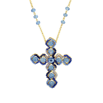 Sky-Blue-Gold-Royale-necklace-Handmade-Crochet-Cross-pendant-handmade-crochet-necklace-with-unique-design-18k-gold-filled-wire-hypoallergenic-lightweight-statement-detail