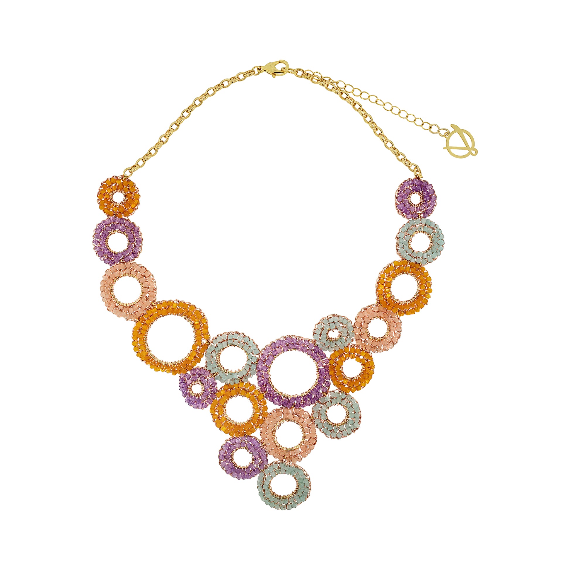 Nyx-mandala-pachwork-purple-pink-green-orange-gold-handmade-crochet-necklace-18k-gold-filled-wire-luxury-jewelry-necklace-patchwork