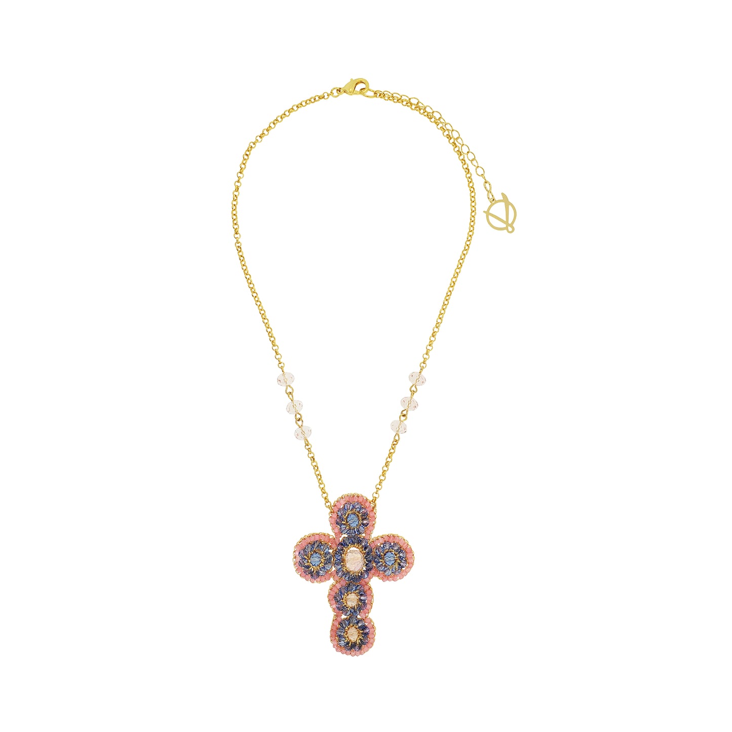 Soft-Pink-Blue-Gold-Royale-Mini-necklace-Handmade-Crochet-Cross-pendant-handmade-crochet-necklace-with-unique-design-18k-gold-filled-wire-hypoallergenic-lightweight-statement-detail