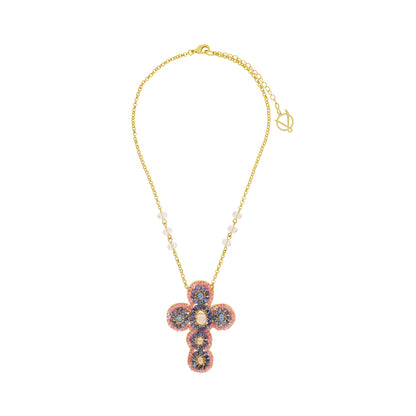 Soft-Pink-Blue-Gold-Royale-Mini-necklace-Handmade-Crochet-Cross-pendant-handmade-crochet-necklace-with-unique-design-18k-gold-filled-wire-hypoallergenic-lightweight-statement-detail