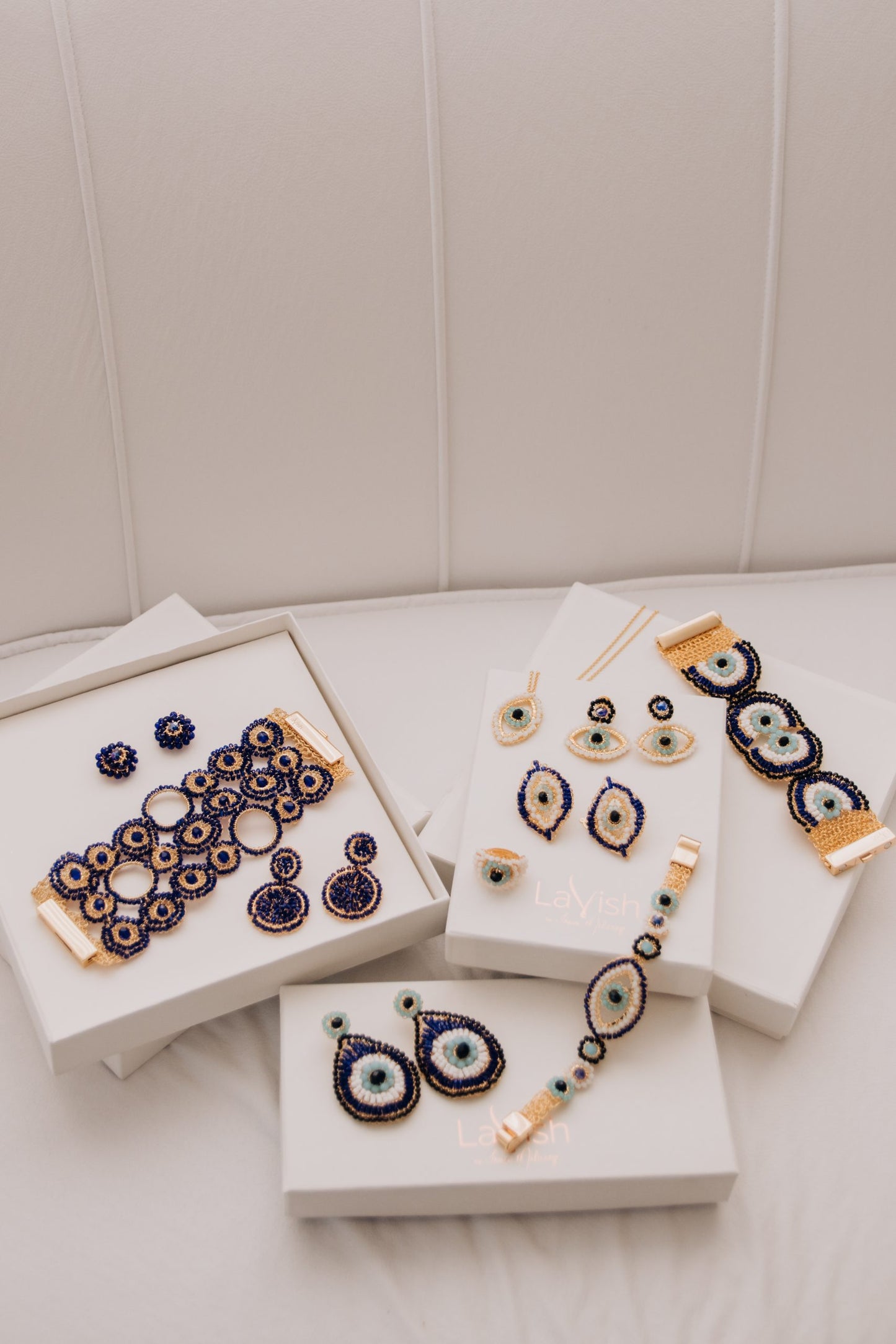 Blues & Gold Evil Eye Teardrop Handmade Crochet Earrings