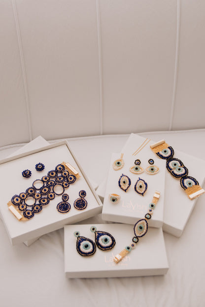 Blues & Gold Evil Eye Teardrop Handmade Crochet Earrings