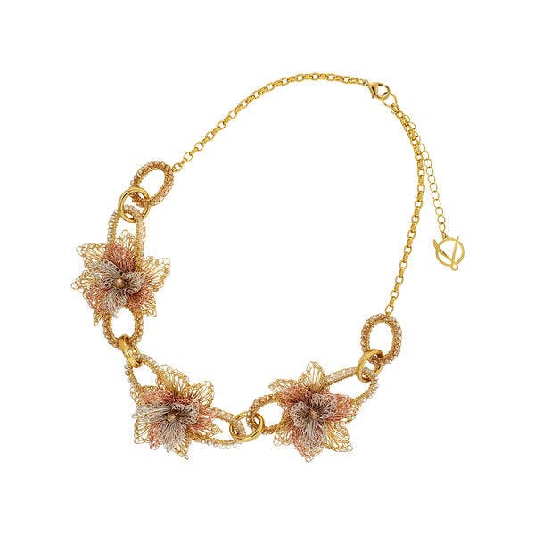 Trio Gold Rose Links Handmade Crochet Necklace