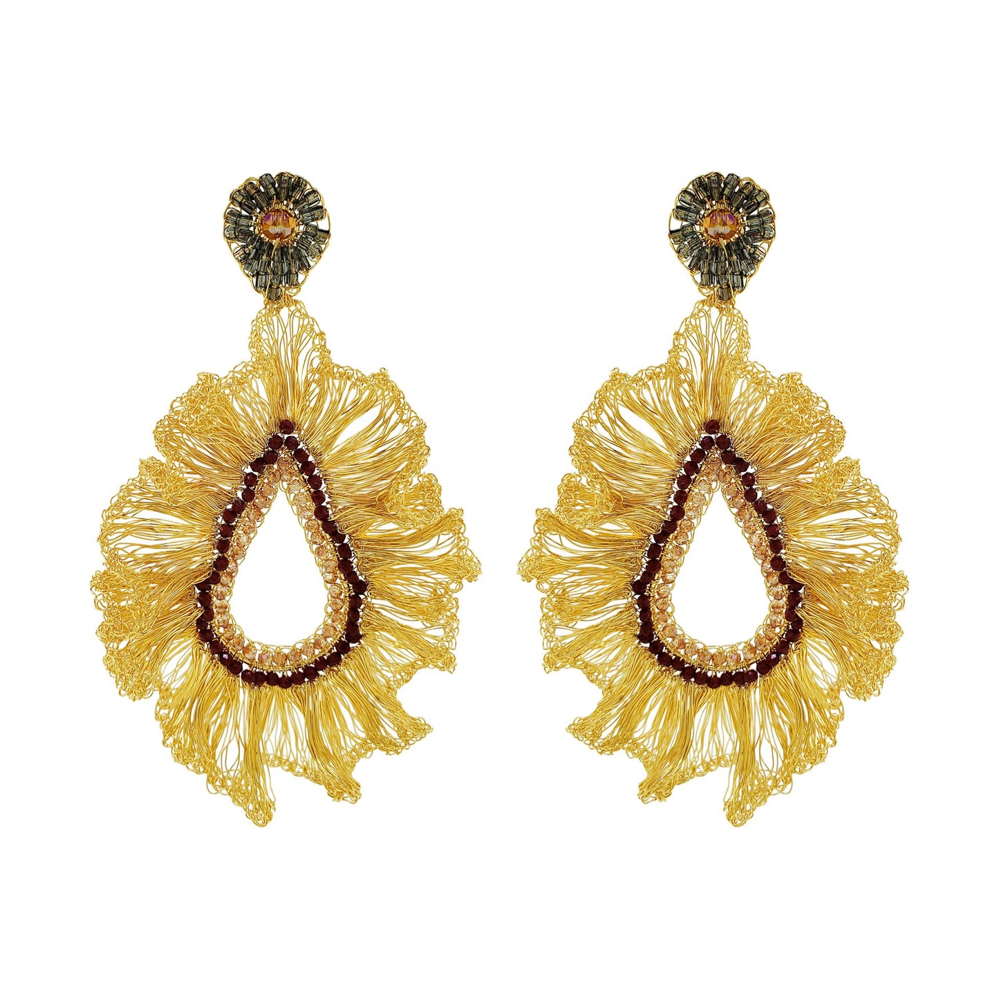 Red & Gold Ruffled Teardrop Handmade Crochet Large Earrings