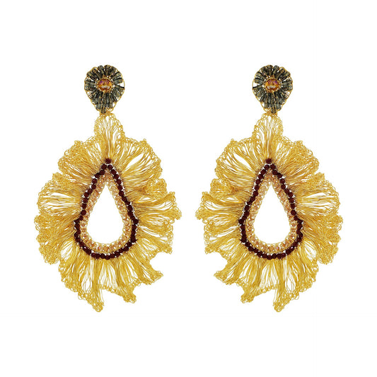 Red & Gold Ruffled Teardrop Handmade Crochet Large Earrings