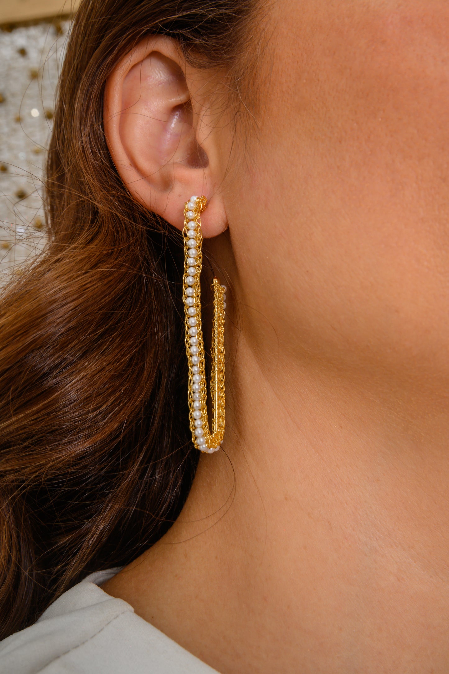 Pearl & Gold Lilo Hoops Handmade Crochet Earrings