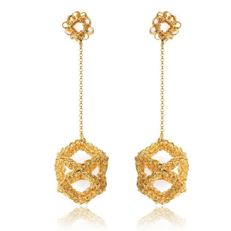 All Gold Cube Dangle Handmade Crochet Earrings