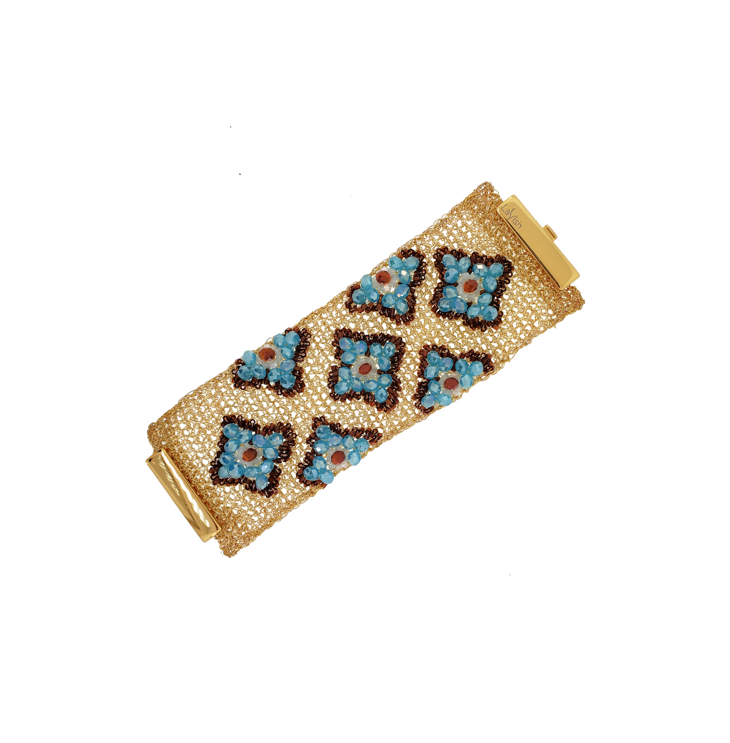 Wide Blue & Brown Embroidered Handmade Gold Crochet Bracelet