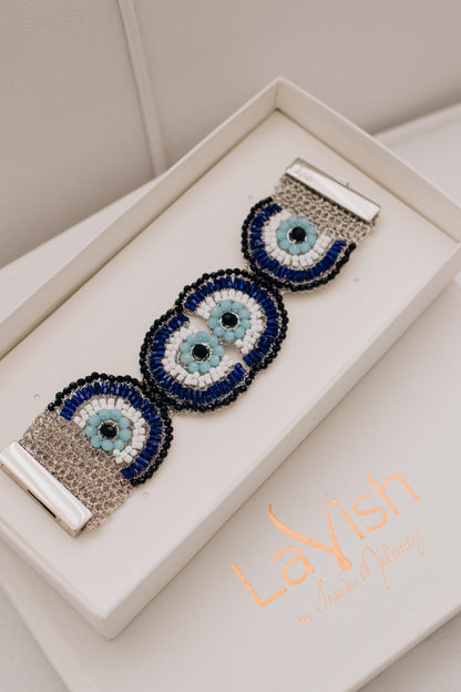 Blues & Silver Evil Eye Maxi Handmade Crochet Bracelet