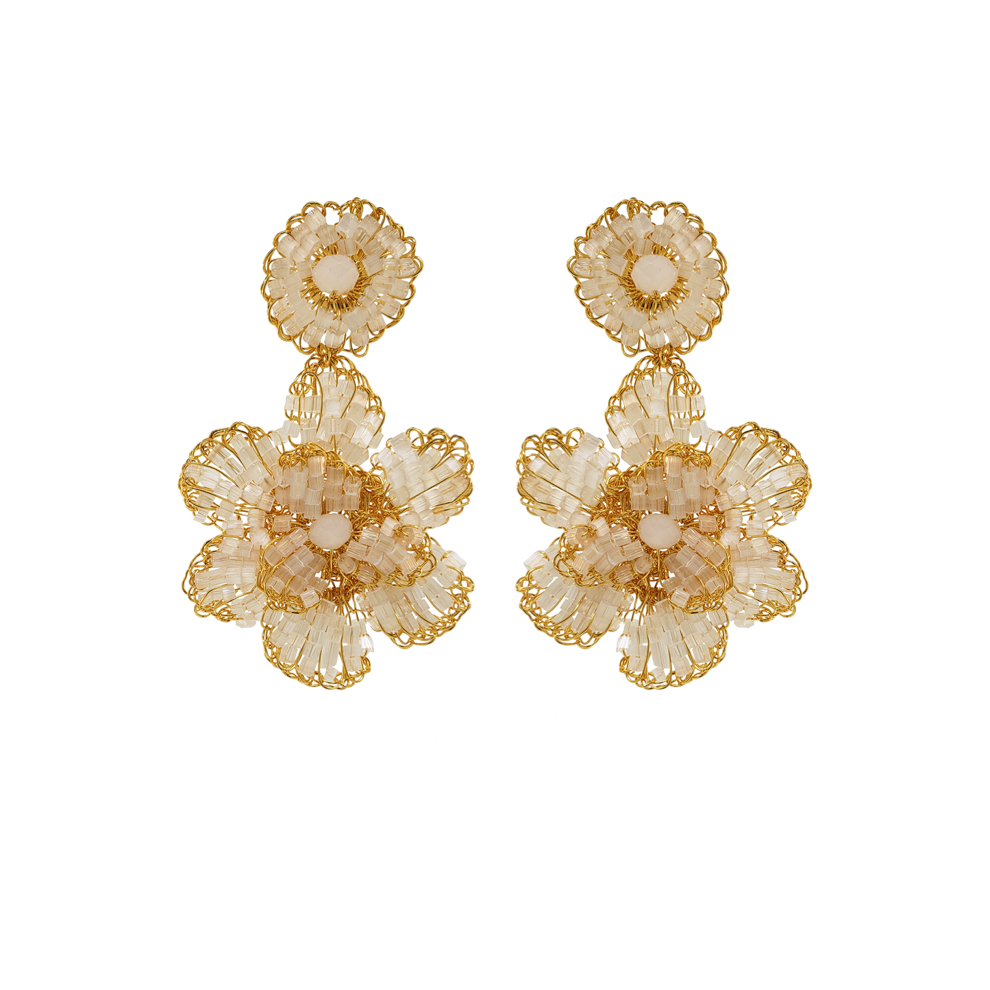 White & Gold Mini Blossom Handmade Crochet Earrings