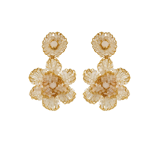 White & Gold Mini Blossom Handmade Crochet Earrings