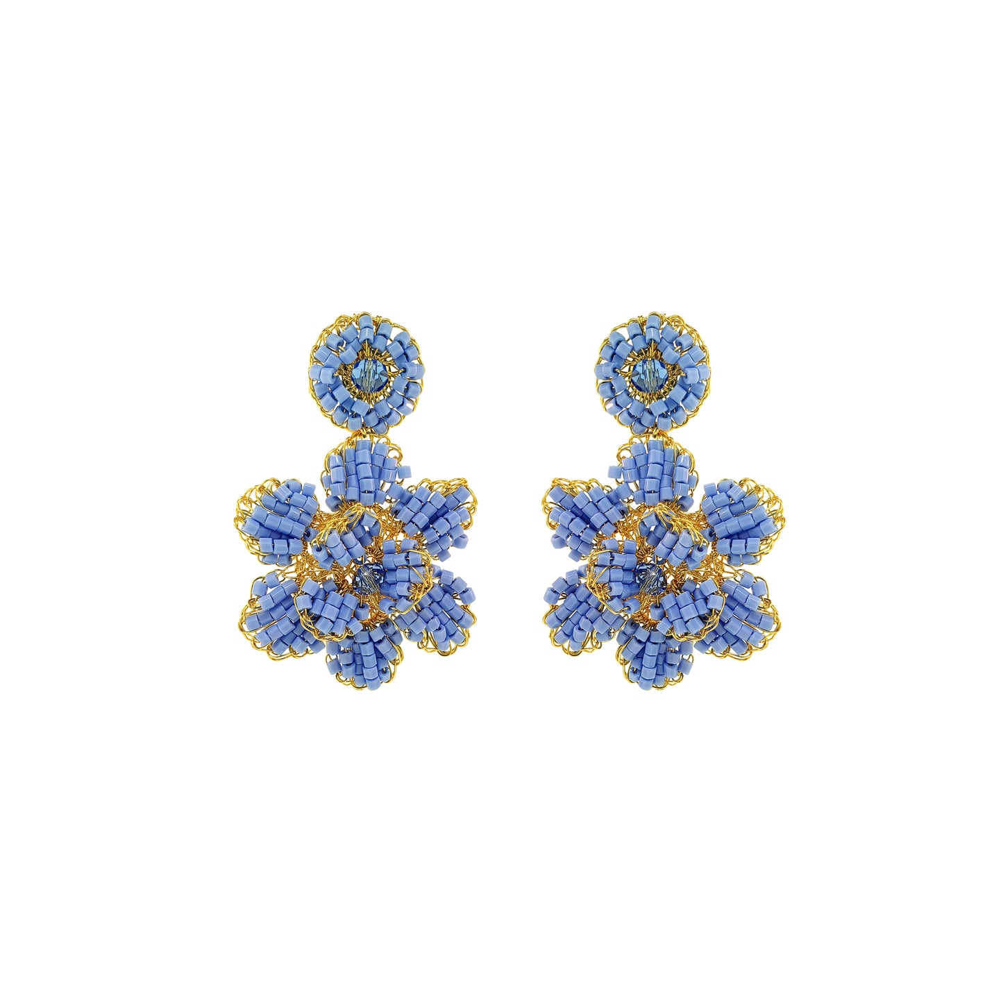 Sky Blue & Gold Mini Blossom Handmade Crochet Earrings