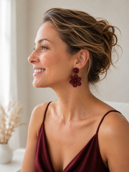 Burgundy Mix Mini Blossom Handmade Crochet Earrings