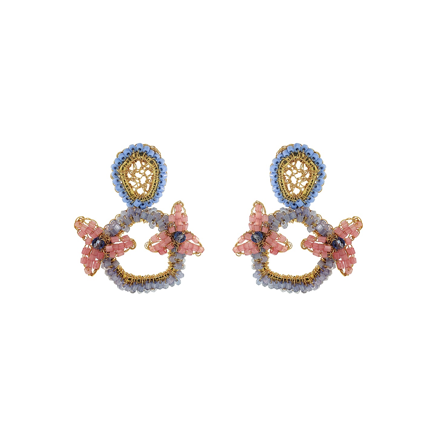 Soft Pink Blue gold Mix Halo Flower Handmade Crochet Earrings infinite love collection