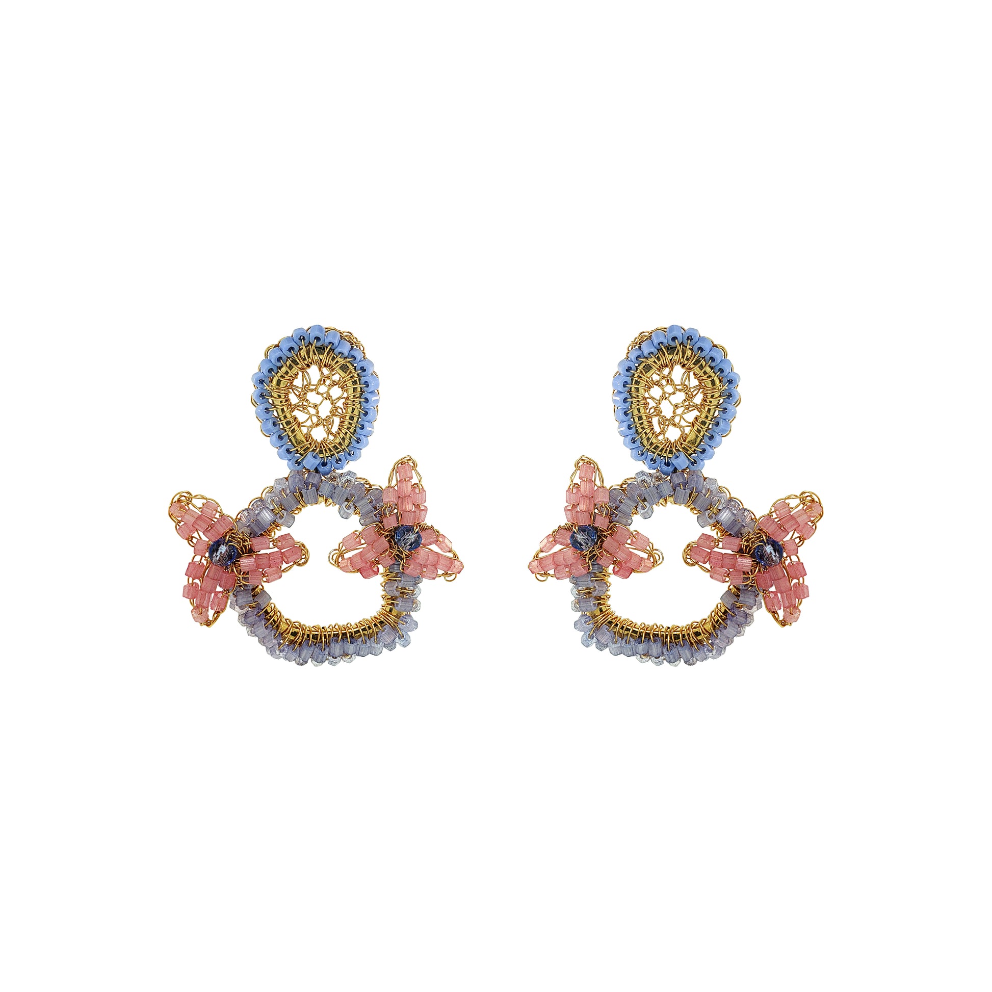 Soft Pink Blue gold Mix Halo Flower Handmade Crochet Earrings infinite love collection