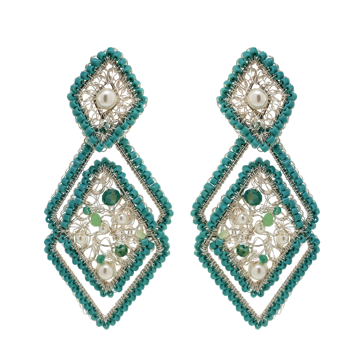 Mint Green Open Mesh Hand Crochet Geometric Earrings
