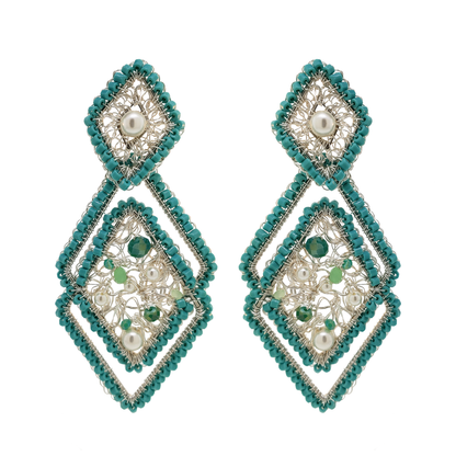 Mint Green Open Mesh Hand Crochet Geometric Earrings