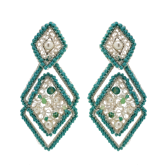 Mint Green Open Mesh Hand Crochet Geometric Earrings