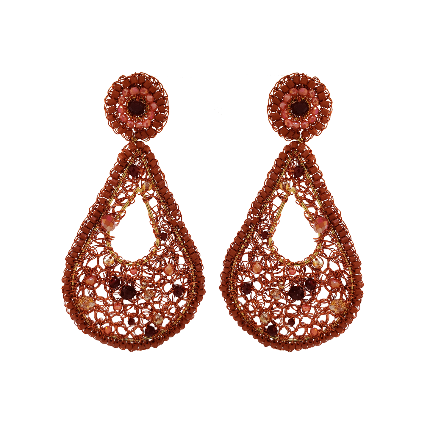 Coral Open Mesh Teardrop Crochet Earrings