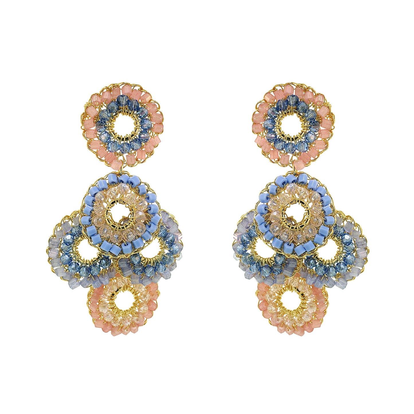 Pair of multicolored beaded earrings on a white background