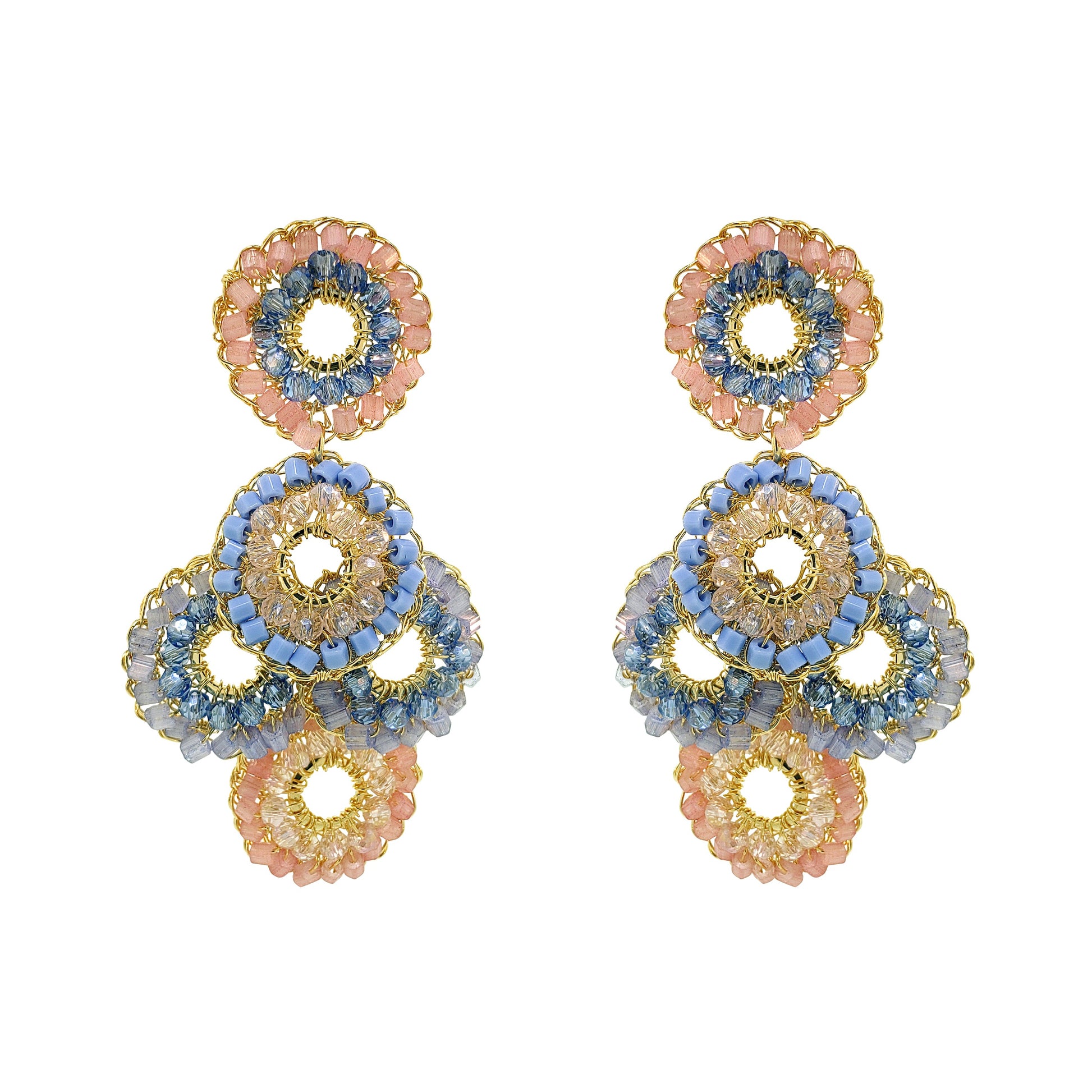 Pair of multicolored beaded earrings on a white background