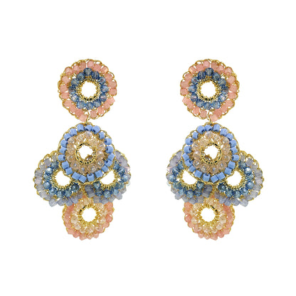 Pair of multicolored beaded earrings on a white background