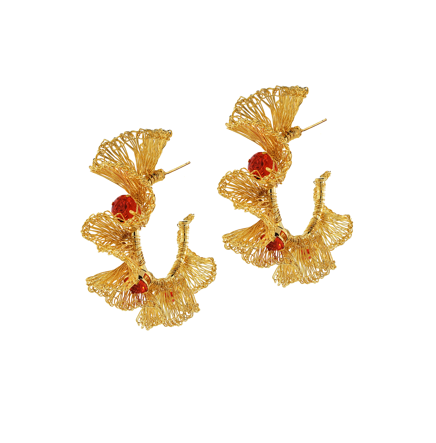 Coral & Gold Large Ruffled Hoops Handmade Crochet Earrings