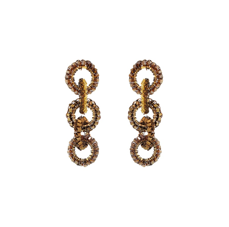A pair of gold-toned drop earrings featuring three stacked textured circular links, shown on a plain white background.