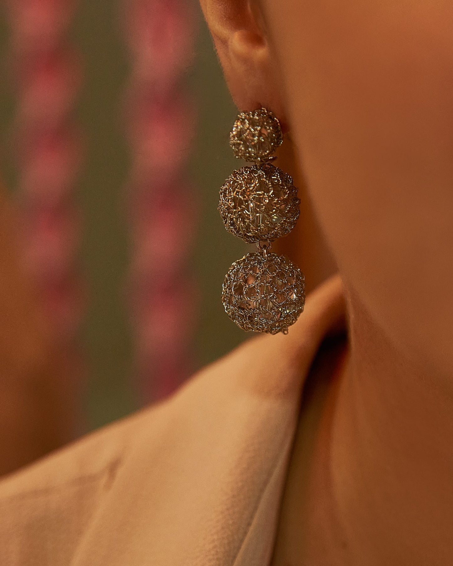 All Silver Spheres Trio Handmade Crochet Earrings