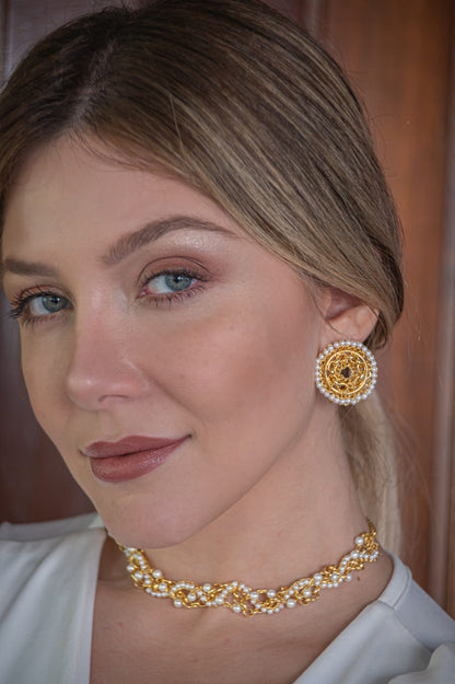 Pearl & Gold Flux Post Handmade Crochet Earrings