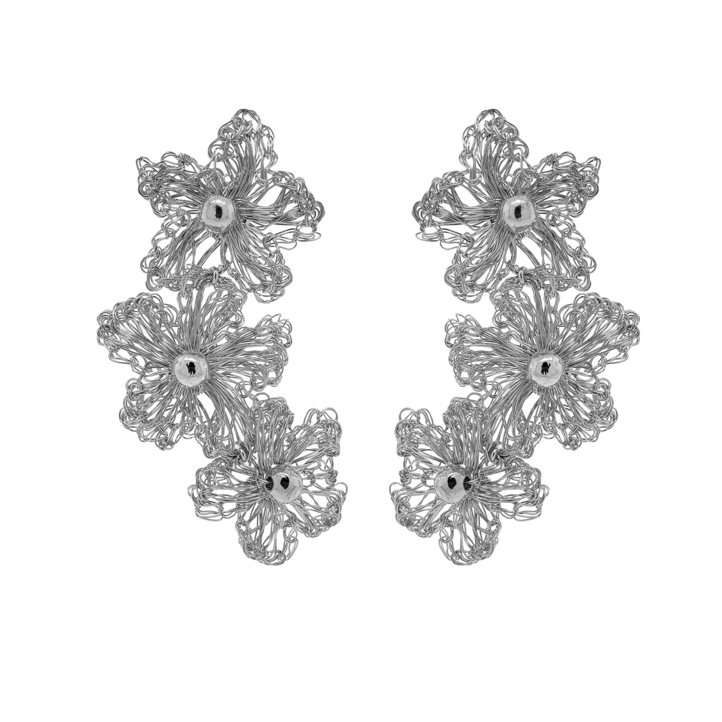 Silver Triple Wired Flower Handmade Crochet Earring